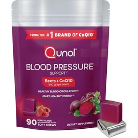 Qunol Beets Chews for Blood Pressure Support, 3 in 1 Beets + CoQ10 + Grape Seed Extract, Supports Healthy Blood Circulation & Heart Healthy Energy, 90