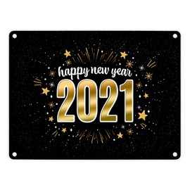 trendaffe - Happy New Year 2021 Metal Sign with Stars Design New Year's Eve Boller Rocket Year