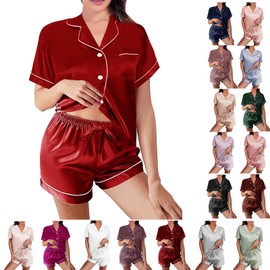 WJing Yi Jia Womens Silk Satin Pajamas Loungewear Two-Piece Sleepwear Button-Down Floral Pj Set XS-4XL- Size: Large