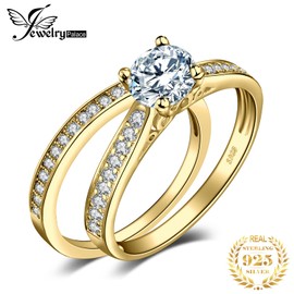 JewelryPalace Wedding Eternity Band Engagement Rings for her, Yellow Gold Plated 925 Sterling Silver Promise Rings for Women, Anniversary Simulated Diamond Ring Set, Women Womens Jewelry Set 6.5