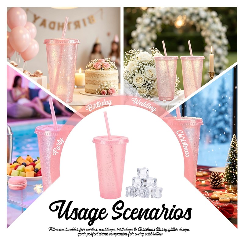 12 Pcs Pink Tumblers with Straw & Lid - 24oz