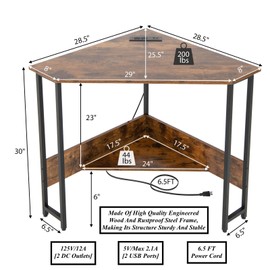 Rustic Brown Computer Desk Space Saving Corner Desk with Bottom Storage Shelf 6FT Power Cord Power Outlets USB Ports Widely Used As Laptop Notebook Study Workstation Writing Desk Vanity Table