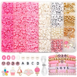 Dotilili 3164 Pcs Pink Clay Beads Bracelet Making Kit, Flat Round Polymer Clay Beads Friendship Beads with Letter Beads Charms 6mm Heishi Beads Jewelry Making Kit for Crafts Necklace Girls Gift