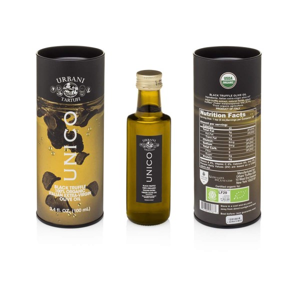 Italian Black Truffle Extra Virgin Olive Oil - 3.4 Oz - by Urbani Truffles. Organic Truffle Oil 100% Made In Italy Without Chemicals And With Real Truffle Pieces Inside The Bottle. No Artificial Aroma