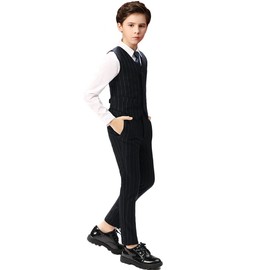 Boys Suits for Kids Black Pinstripe Tuxedo Suit Size 7 Toddler Boy Dress Pants and Vest Set for Wedding