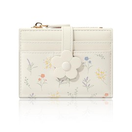 Denovin Small Wallets for Women, Cute Bifold Floral Flowers Ladies Wallet, Compact Credit Card Holder Cash Zipper Pocket with ID Window for Female (White)
