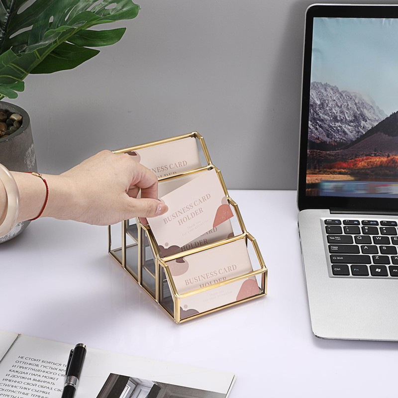 Hipiwe 4 Slots Glass Business Card Holder for Desktop, Gold