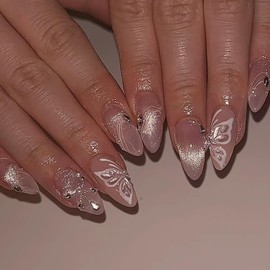 Almond Press on Nails Medium False Nails Cat's Eye False Nails with Butterfly Designs Glue on Nails Glitter Stick on Nails Rhinestones Artificial Nails for Women 24pcs