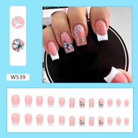 Press on Nails Square Medium French Tip 24Pcs Glossy Full Cover Artificial White Fake Nails with Blue Butterfly Designs Coffin Acrylic False Nails Sets Glue Stick on Fingernails with Charm for Women