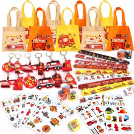 Latocos Fireman Party Bag Children's Birthday Gift Bag Firefighters Fire Engine Helicopter Key Ring Snap Bracelet Tattoos Fire Brigade Toy for Boys