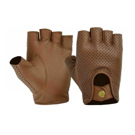 Swift Wear Mens Driving Leather Half Finger Fingerless Gloves Biker Cycling Wheelchair Motorcycle Gym Gloves (S, Tan)