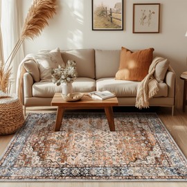 Topfinel Washable Rugs for Living Room 120x170cm, Boho Vintage Rust Area Rug with Non-Slip Backing, Low Pile Rug for Bedroom, Lounge, Home Office