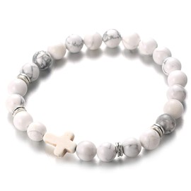 Halukakah Stone Beads Bracelet with Christian Cross, Natural Gemstone Crystal Stretchy Bracelet for Men Women Black Dragon Grain/Lava Stone/Turquoise, with Free Gift Box, Stone