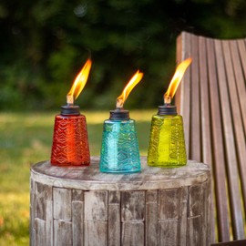 TIKI Molded Glass Decorative Tabletop Torches (Set of 3) – Red, Green & Blue Outdoor Lighting for Lawn, Patio & Garden | Weather-Resistant | Includes Long-Lasting Wick & Snuffer