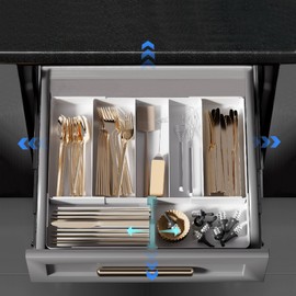 ママ倉 Silverware Drawer Organizer，Expandable Utensil Drawer Organizer for Kitchen,Utensil Organizer Expandable in Three Directions,White