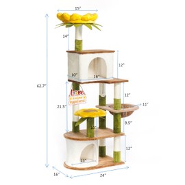 HYABi 62.7 Inch Tall Flower Cat Tree Tower Condo Climbing for Indoor Cats Multi Level with Sisal Scratching Post Hammocks Pet House Play Home Furniture Platform