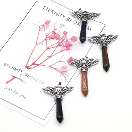LHJ 7 Pcs Natural Stone Pendants Hexagonal Pointed Chakra Crystal Agate Stone Skull Wing Devil Alloy Design for Jewelry Making Necklace