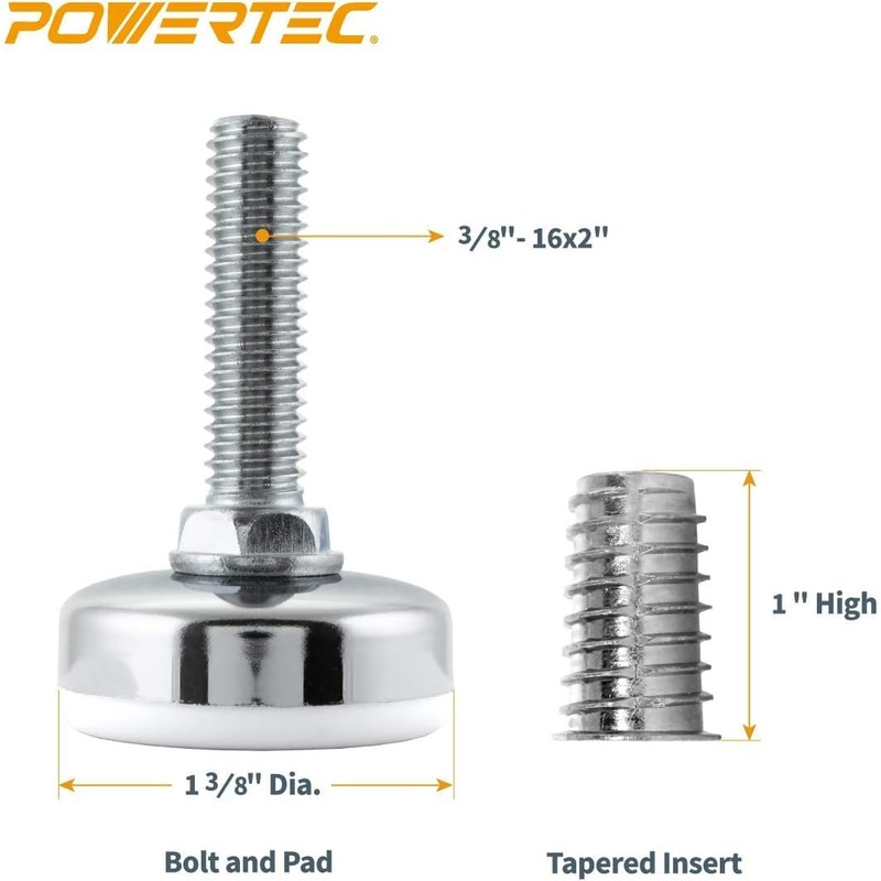 POWERTEC Threaded Leveling Feet 4PK with 3/8"-16 Threaded Inserts, Heavy