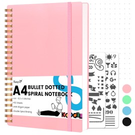 Koogel Bullet Journal Notebook A4, Pink Spiral Notebook 5x5 Dotted Grid Paper with Painting Stencil Waterproof Hardcover 300 Pages/150 Sheets for Office School Women Gift