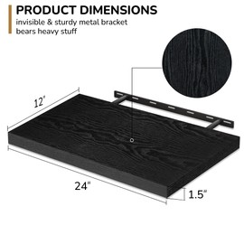 Fun Memories Floating Shelves - 2 Pack 12 Inch Rustic Wooden Wall Shelves - Extra Deeper & Thicker Wall Mounted Storage Shelf for Living Room, Kitchen, Farmhouse - 24" W x 12" D x 1.5"H - Rustic Black