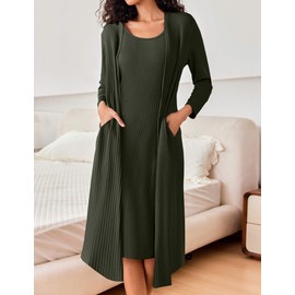Ekouaer Womens Knit Robe Set 2 Piece Nightgown with Robes Long Sleeves Lounge Sets with Pockets Army Green Medium