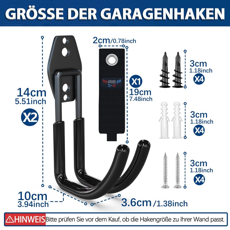 3-H Garage Wall Hooks, Tool Hooks, Double Hooks, Pack of