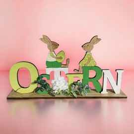 Goldbach Easter Lettering 28 x 14.5 x 4 cm Large Green Wooden with Easter Bunnies and Flowers Easter Decoration Stand