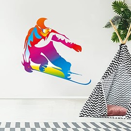 Snowboarding Wall Sticker - Multicolour Snowboarder Wall Decal Art (90cm Width x 70cm Height)