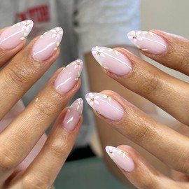 Almond Press On Nails Medium Fake Nails Pink False Nails With Flower Design Full Cover Acrylic Artificial Nails Glossy Spring Glue On Nails Summer Stick On Nails For Women Manicure 24pcs