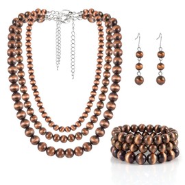 KOSMOS-LI Western Style Three Layer Necklaces Bracelet Earrings Faux Navajo Bronze Beaded Women Jewelry Sets