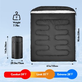 Double Sleeping Bag for Adults Men Women, Two Person XL Queen Size Two Person Sleeping Bag for All Season Camping Hiking Backpacking 2 Person Sleeping Bags for Cold Weather & Warm (Black)