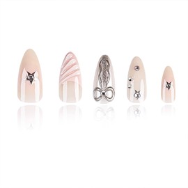 Almond Press on Nails Medium Fake Nails French Tip False Nails 3D Soft Gel Bow Star Acrylic Nails Glossy Artificial Nails Press ons with Rhinestone Designs Glue on Nails for Women Girls 24Pcs