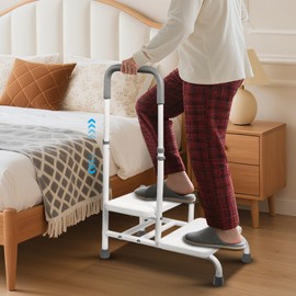 Step Stool with Handle - Heavy Duty Step Stool with Handrail, 5-Level Adjustable Height, 2-Step Non-Skid Design, Supports 300LBS - for Bathroom & High Beds, Stable Assistive Stool for Elderly Disabled