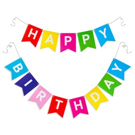 Rainbow Happy Birthday Banner - Hanging Backdrop Sign with White Letters, Bunting Rainbow Birthday Decorations for Women men Kids Baby Shower Party Supplies (13pcs)