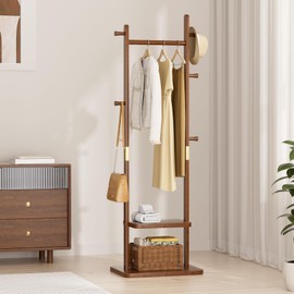 Freestanding Coat Rack, Solid Wood Coat Tree Stand with Double Shelves & 5 Hooks, Heavy Duty Entryway Coat Rack for Hanging Clothes, Hats, Bags (Modern Design，Walnut Brown)
