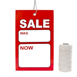 Sale Price Tags with String Attached - Supermarket Pricemarker Labels Supplies for Clothing, Shoes, Snacks with 30M Twines, 5" Lx3“W,100 Pcs
