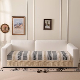 VClife Boho Couch Cover Cotton Linen Tufted Sofa Cover with Tassel, Dog Couch Cover for 2 Cushion Couch Sofa Non Slip Sofa Cover for Living Room, 35.4x63 inch