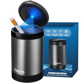 THIKPO Car Ashtray with Lid, Smellproof & Smokeproof Cup Holder Ashtray, Portable Mini Car Trash Can, Detachable Aluminum Alloy Smokeless Ash Tray with Automatic LED Light (2025 Upgraded)