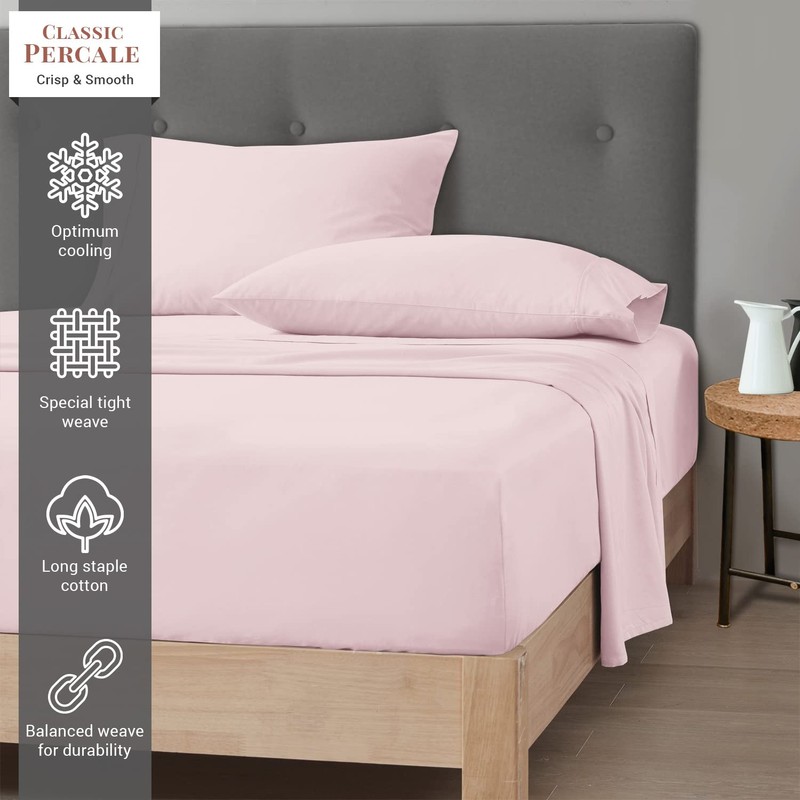 Pizuna Cotton Percale Single Fitted Sheet Light Pink,100% Long Staple