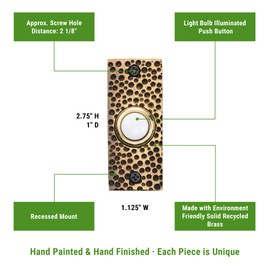 Waterwood Solid Brass Small Hammered Plate Doorbell in Antique Finish - Wired & Illuminated Push Button - Environmentally Friendly Recycled Material