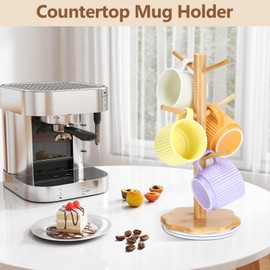 Euqvunn 360° Rotating Cup Holder, Coffee Cups, Cup Stand, Sturdy Pretzel Stand with Wooden Base in Flower Shape, Cup Rack Wood for Kitchen and Coffee Bar, Pretzel Stand with 6 Hooks Wood