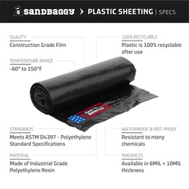 Sandbaggy 20 ft x 50 ft Vapor Barrier 6 Mil | Polyethylene | Black Plastic Sheeting Rolls | Moisture Barrier for Crawl Spaces, Concrete and Laminate Underlayment, Walls (1 Roll)