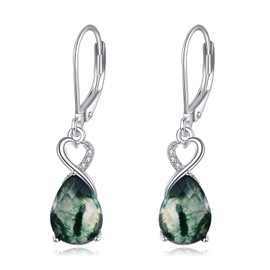 VONALA Infinity Heart Moss Agate Earrings Sterling Silver Teardrop Leverback Earrings Dangle Dangling Earrings Moss Agate Jewelry Gift for Women Girls, Sterling Silver, moss agate