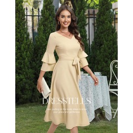 DRESSTELLS Women Formal Dress, 2025 Long Sleeve Valentines Vintage Cocktail Party 1950s Dresses, Fit Flare Wedding Guest Bridesmaid Prom Champagne S