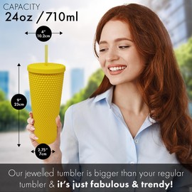 Nadia's Little Treasures Studded Cup Tumbler Straw Lid - Plastic Double Walled Cold Cup for iced Coffee, Water, Slush or Smoothies, Your Home Cinema Cup(24 OZ / 700ml, Matte Yellow)