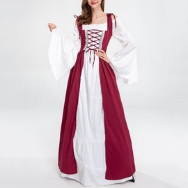 Medieval Maiden Costume Women's Renaissance Peasant Overdress Flare Sleeve Chemise Gown (802# Wine Red, M)