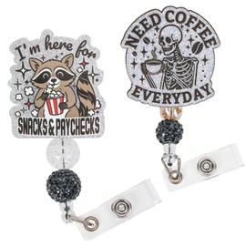 Raccoon & Skeleton Badge Reel Retractable ID Name Holder Clip, Beaded Glitter Badge Reels for Nursing Nurse Teacher Student