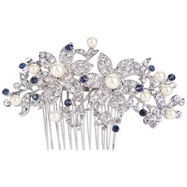 EVER FAITH Silver-Tone Austrian Crystal Cream Simulated Pearl Graceful Redbud Flower Hair Comb Blue