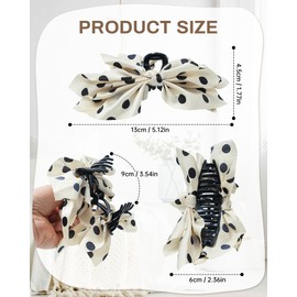 Mesovor 2 Pack Bow Claw Clips Chiffon Cloth Butterfly Hairclips, Nonslip 5.1" Large Paisley Hair clips for Thin and Thick | Plastic Strong Hold Hair Jaw Clamps (Polka Dots)