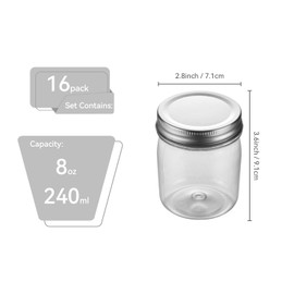 Party Club of America 16 Pack 8OZ Sliver Plastic Jars With Screw On Lids，Plastic Mason Jars Food Storage Container For Storing Dry Food, Candy, Cream,Peanut, Butter